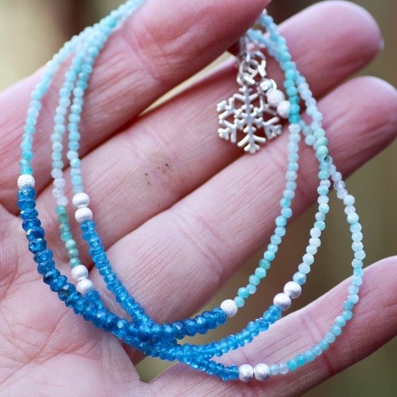 Natural Neon Blue Apatite, Amazonite Necklace / Wrap Bracelet Sterling Silver - Picture 11 of 12
